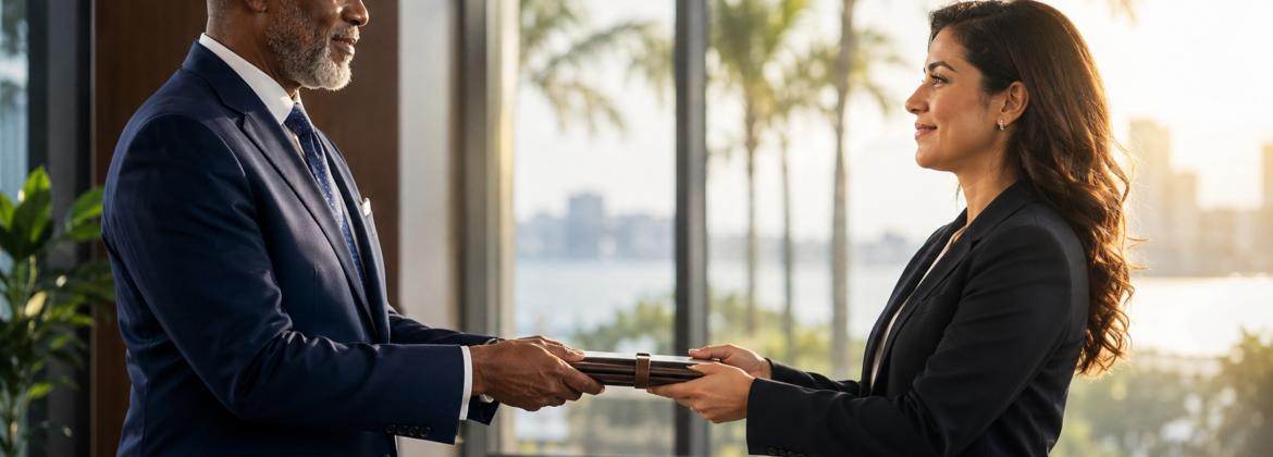 Business exchange in a sunlit office