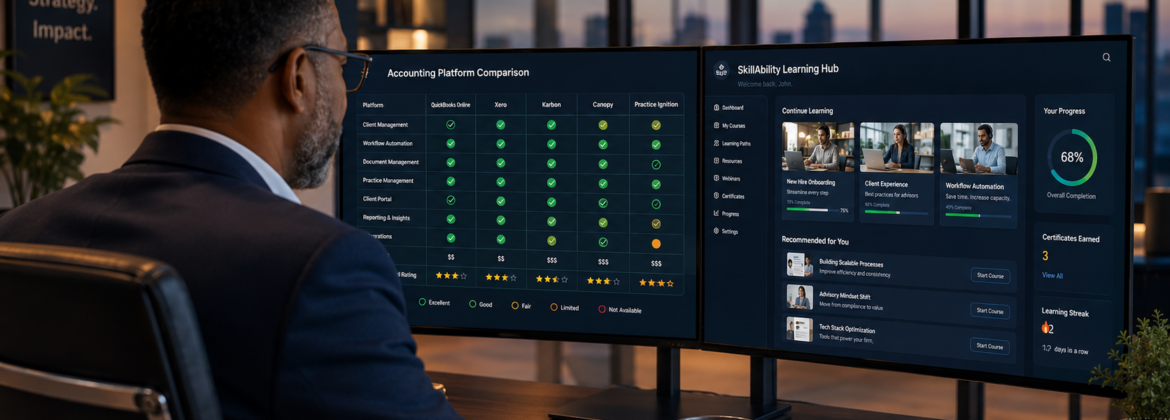 CPA comparing accounting software platforms and employee training systems on dual monitors in a modern accounting firm office.