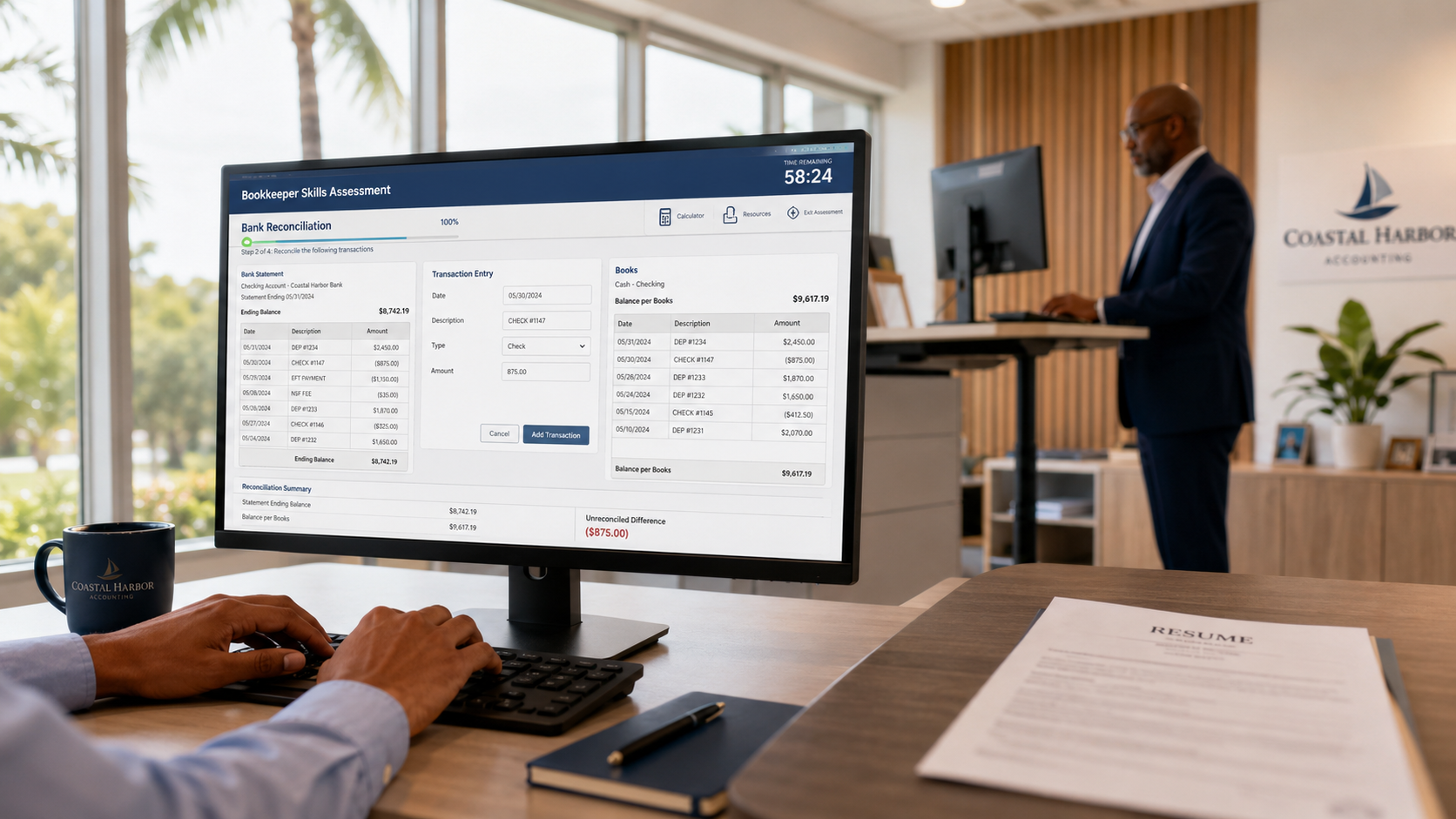 Modern office with accounting assessment screen