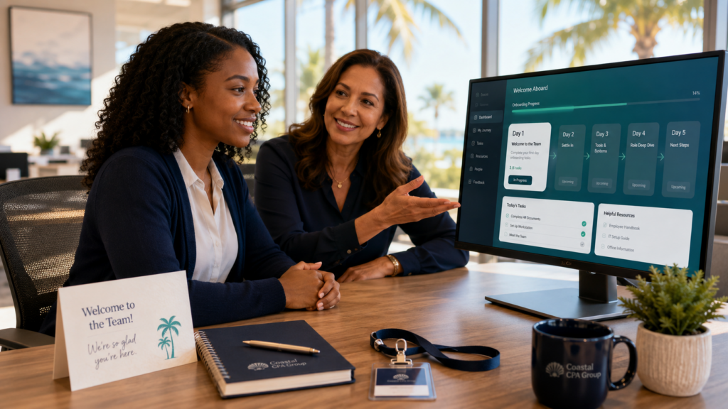 Onboarding teamwork in a bright office