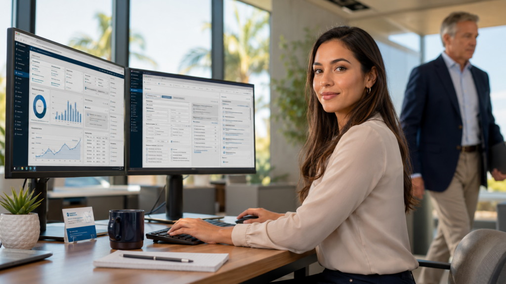 Professional office workspace with tech setup