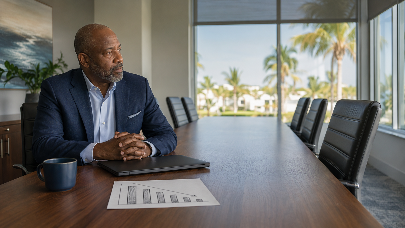 Thoughtful reflection in a modern boardroom