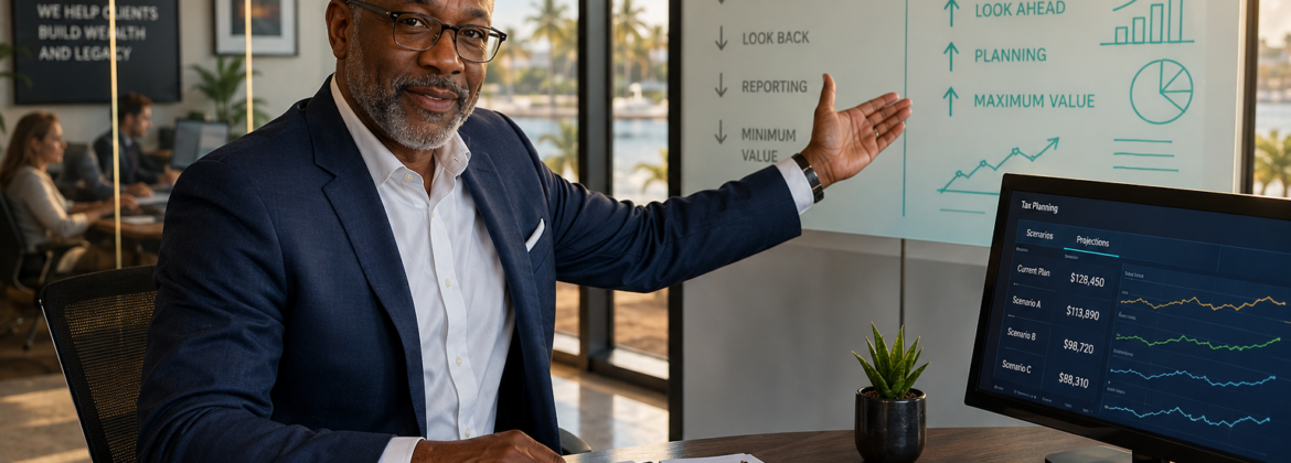Experienced CPA explaining the shift from compliance-focused accounting to high-value advisory services in a modern accounting firm office, with tax planning software, financial reports, and professional staff working in the background.