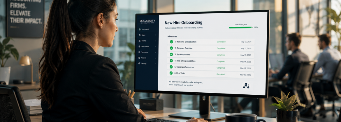 New accounting employee completing digital onboarding training on a desktop computer using a structured onboarding dashboard in a modern accounting firm office.