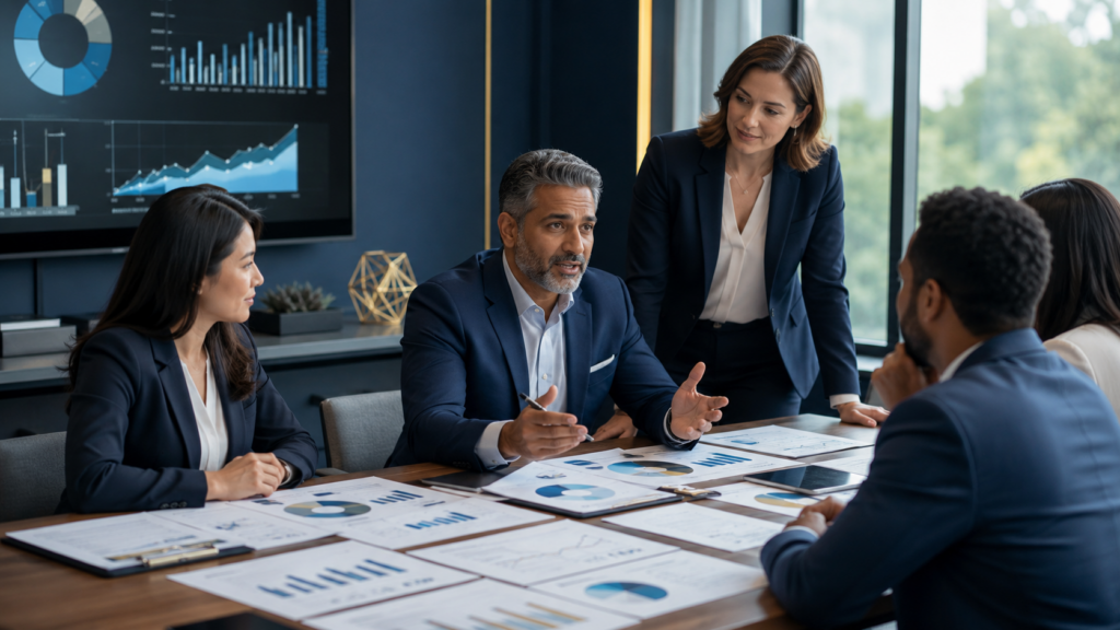 Accountant explaining financial results, asking business questions, and advising a client during a CPA firm meeting.