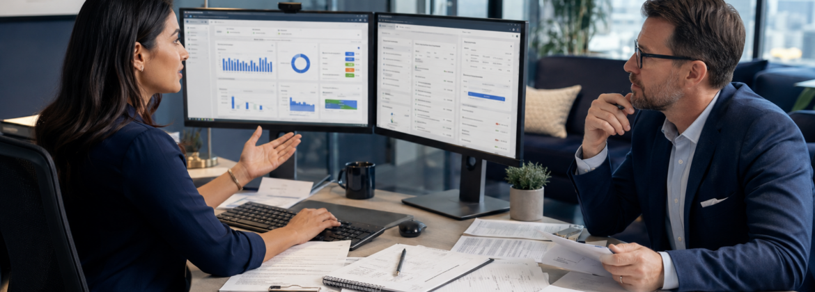 Accounting staff member completing a review-ready QuickBooks client workflow while a CPA manager evaluates judgment and financial results.