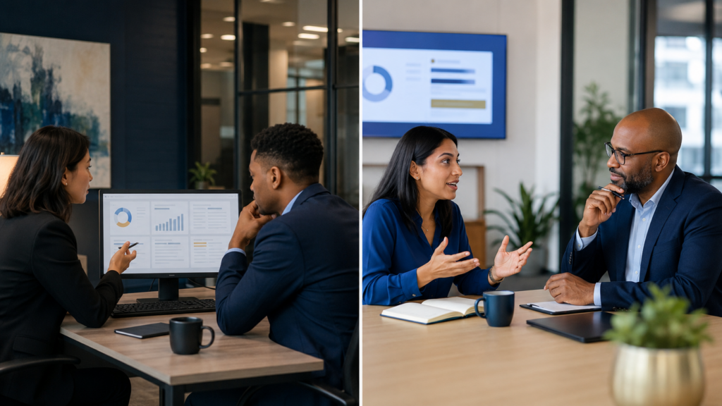 Comparison between an accounting status-update meeting and a one-on-one coaching conversation that builds judgment and independence.