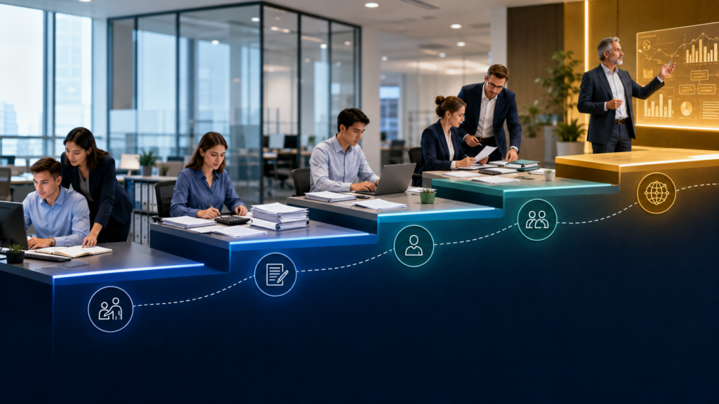 Five accounting competency levels progressing from guided learning to independent work and firm leadership.