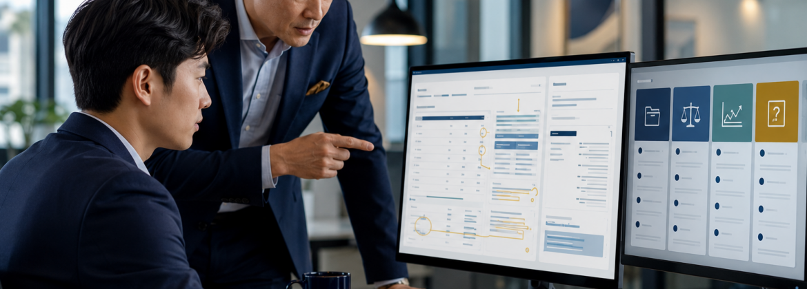 Junior accountant learning professional skepticism by reviewing AI-generated accounting workpaper with CPA manager guidance