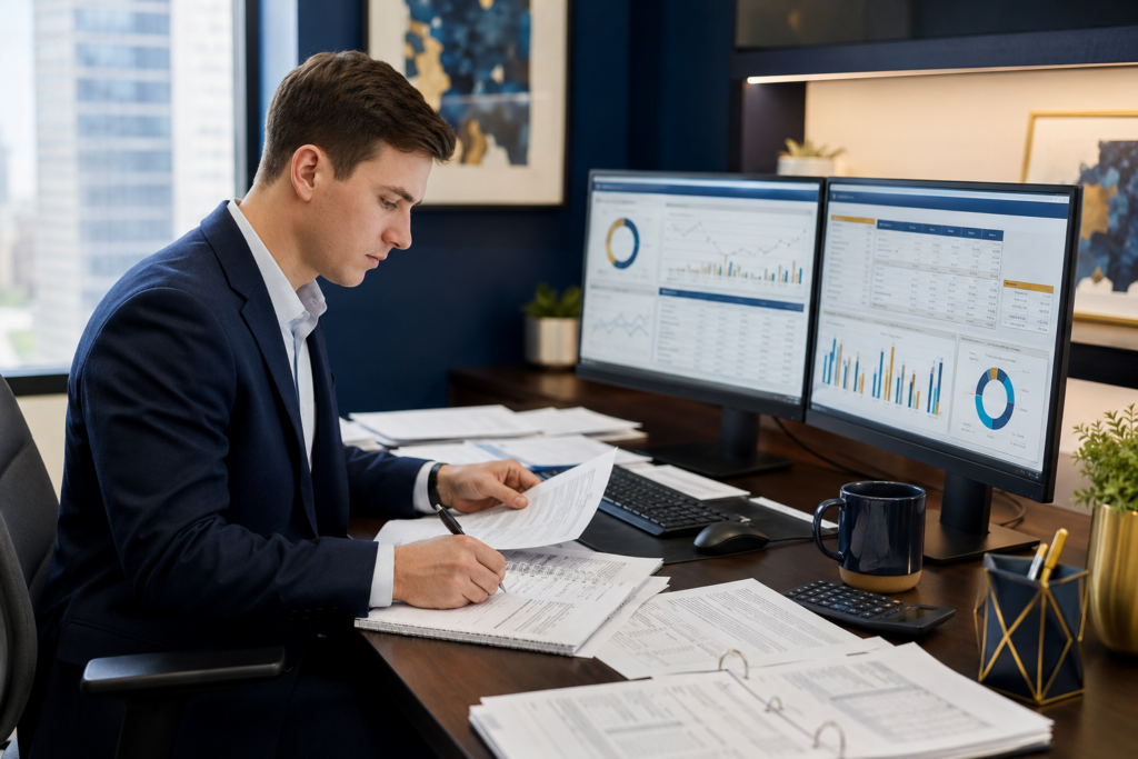 Junior accountant learning to review AI-assisted accounting workpapers as accountants shift from preparers to reviewers.