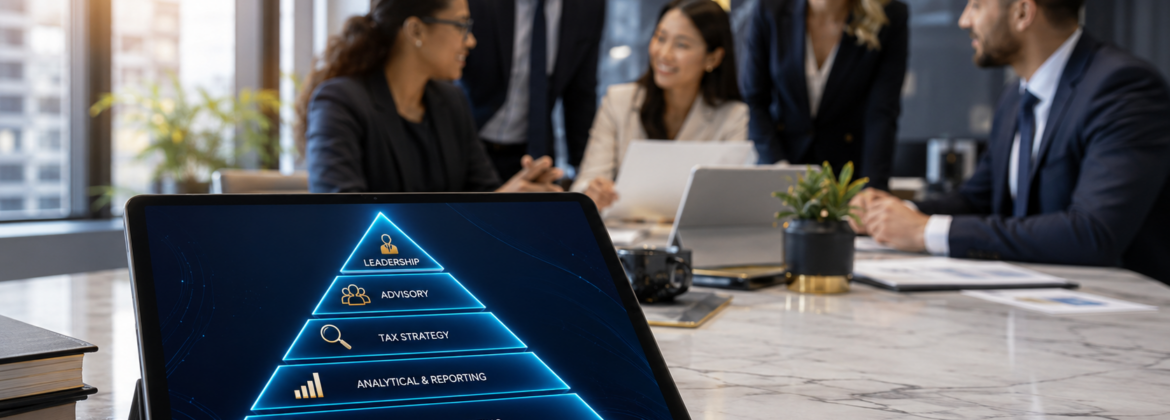 Modern office with pyramid infographic display