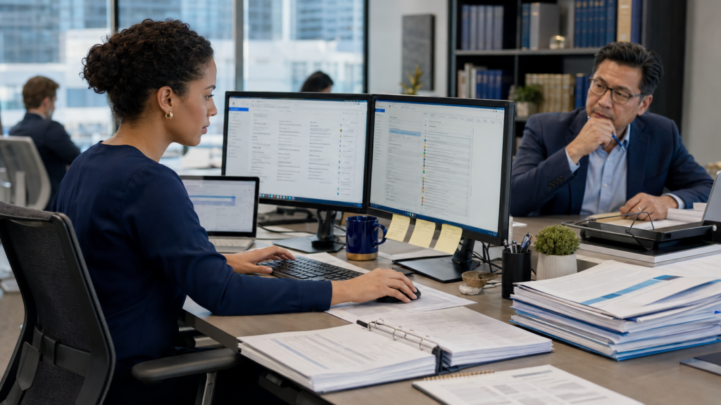New tax preparer completing a source-supported, review-ready Lacerte return while a CPA reviewer evaluates tax judgment and risk.