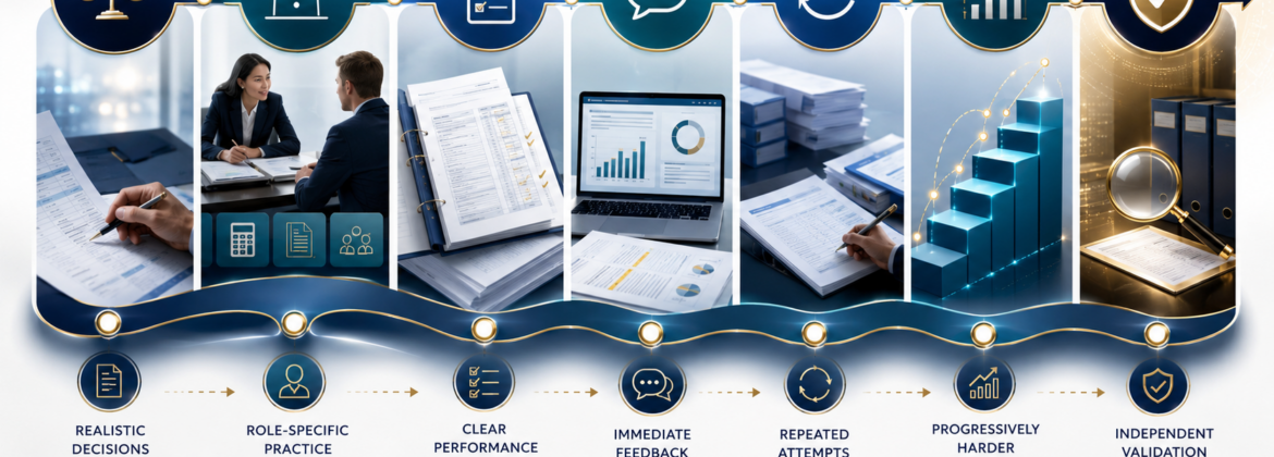 Research-informed scenario design using realistic decisions, feedback, repetition, progressive difficulty, and independent validation.