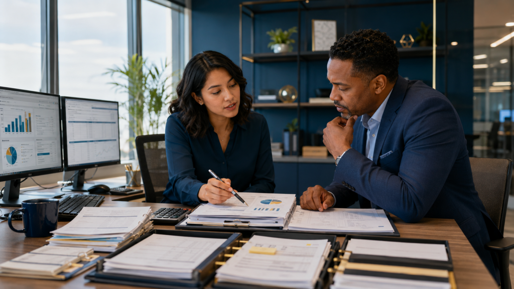 Staff accountant completing a supported, review-ready month-end close while a CPA manager evaluates risk and professional judgment.