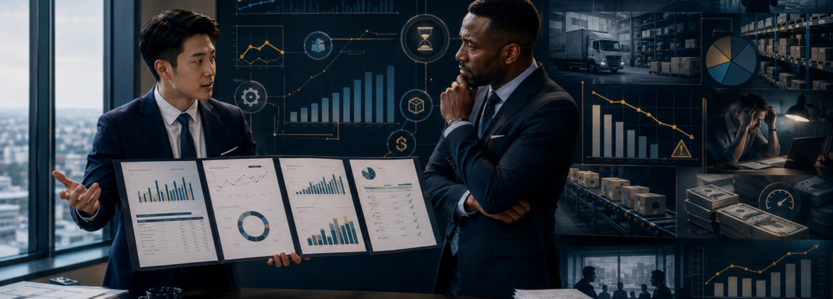 Accountant surrounded by accurate financial reports while hidden business risks remain unexplained