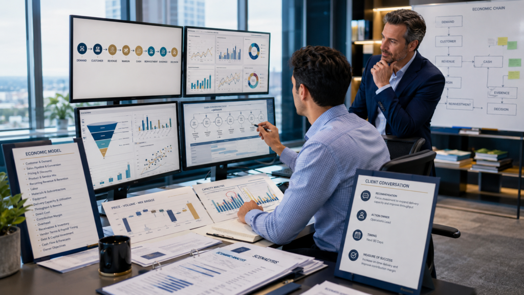 Accounting firm staff analyzing how a client's operations create revenue, profit, and cash flow