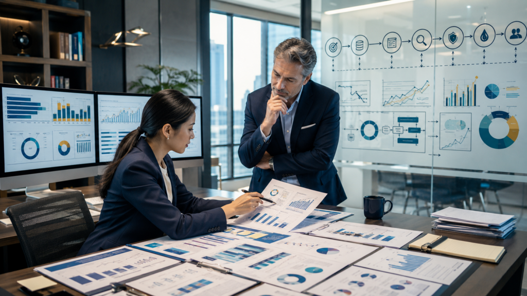 Accounting firm staff connecting accurate financial statements to trends, cash flow, operating drivers, and client decisions