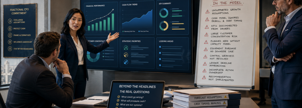 Accounting professional wearing a fractional CFO title while hidden forecasting, cash, risk, and leadership gaps remain unresolved