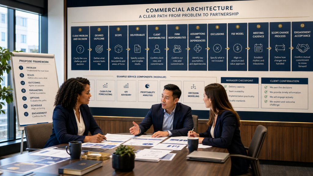 CPA advisor and business client defining desired outcomes, advisory scope, deliverables, fees, responsibilities, timing, and exclusions before work begins
