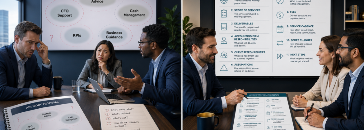CPA firm proposal moving from vague strategic advice to clearly defined outcomes, scope, responsibilities, fees, exclusions, and timing