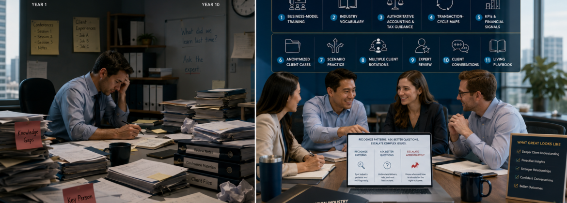 CPA firm accelerating accountant industry expertise through business-model training, technical guidance, client rotations, scenarios, KPIs, and expert feedback