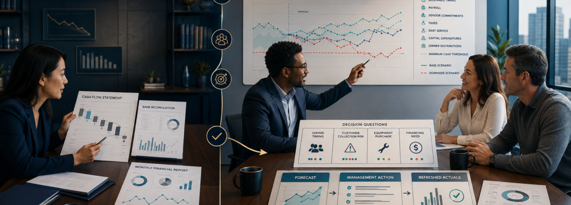 Accountant moving from historical cash reporting to forward-looking cash forecasting, working-capital analysis, and client decisions