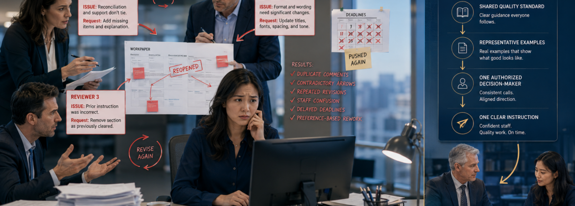 CPA firm employee receiving conflicting review notes from multiple managers applying different quality standards