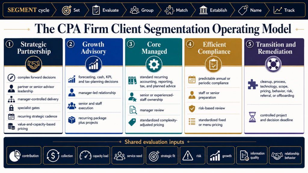 Five-segment CPA firm client portfolio model matching service, talent, pricing, technology, and access to client needs and value