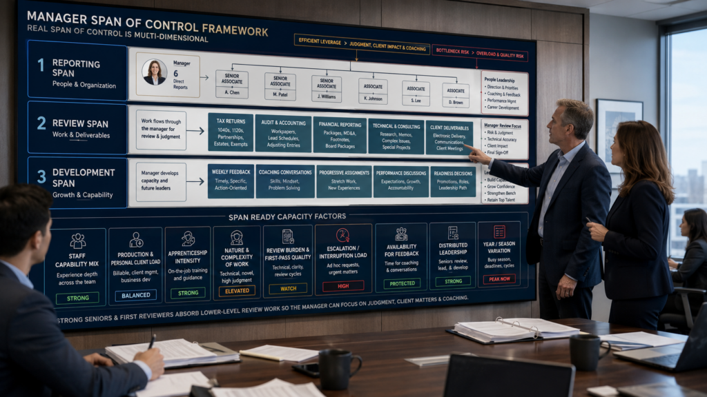 CPA firm manager balancing staff development, workpaper review, client responsibilities, project deadlines, and individual production across a team