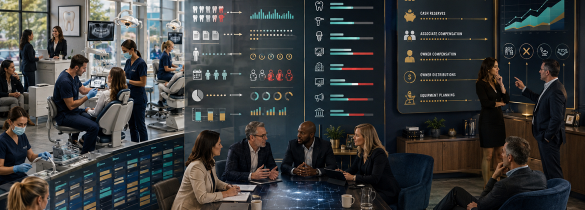 CPA firm staff analyzing dental production, insurance adjustments, patient collections, hygiene capacity, staffing, lab costs, cash flow, and dentist-owner economics