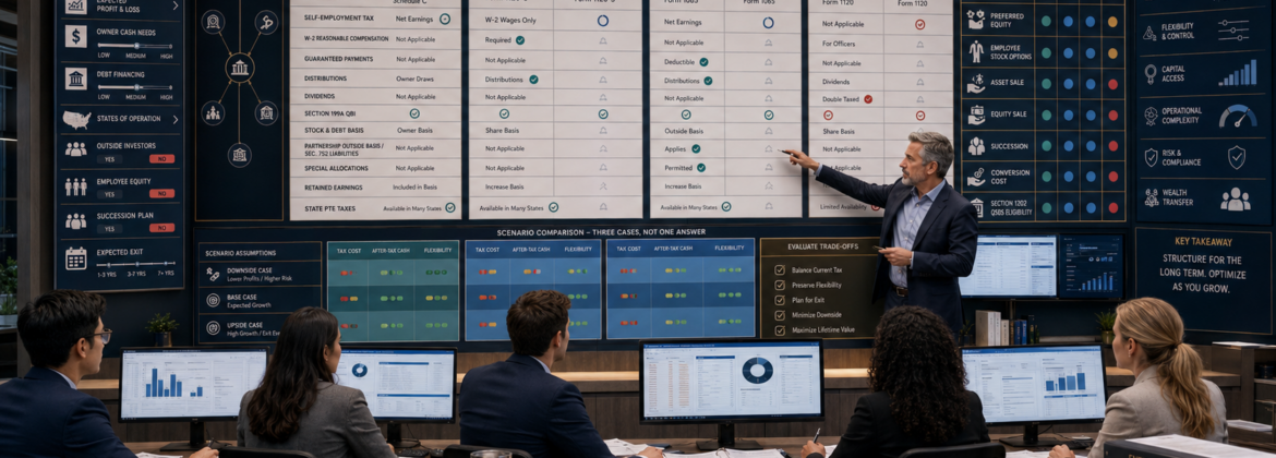 CPA firm staff comparing LLC, S corporation, partnership, and C corporation structures across tax, payroll, QBI, basis, ownership, capital, state tax, and exit planning