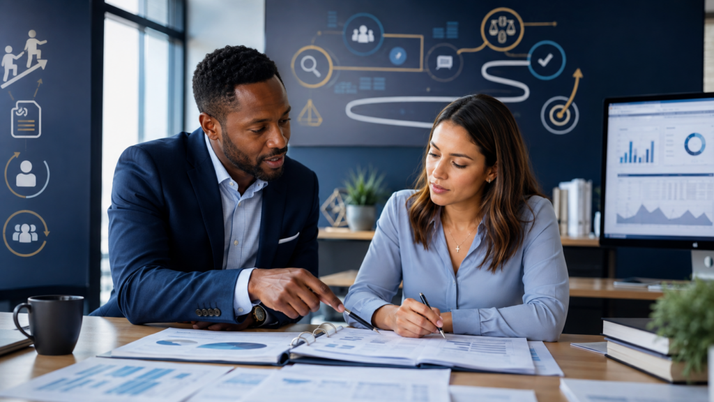 Accounting manager coaching a senior through a workpaper correction while the employee retains ownership of the revision