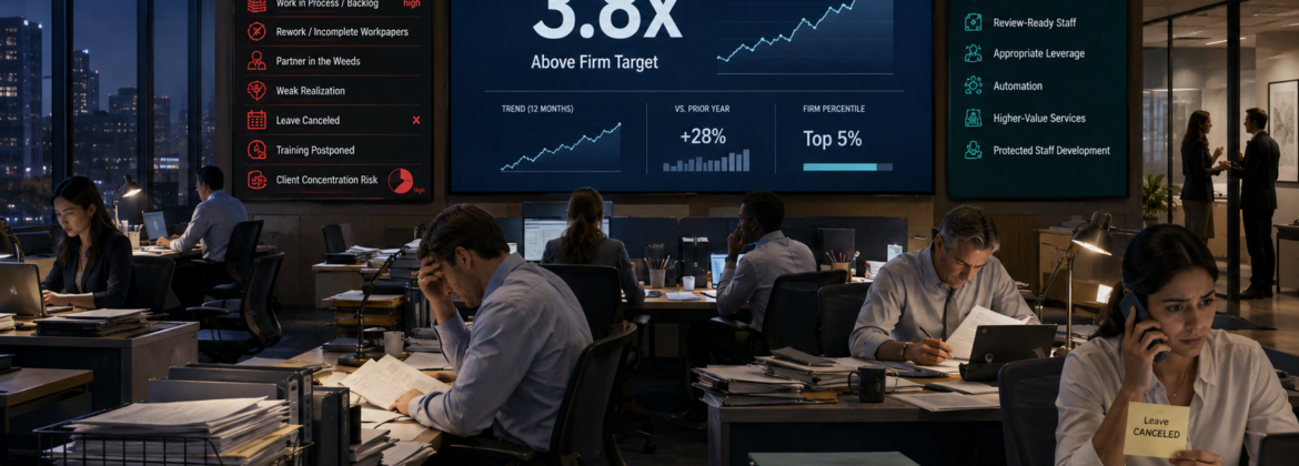 High CPA firm revenue per professional metric hiding vacancies, overtime, manager rescue, weak quality, and lost staff development.