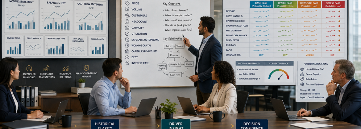 CPA team converting historical financial statements into driver-based forecasts, scenario analysis, cash-flow projections, and a client decision model