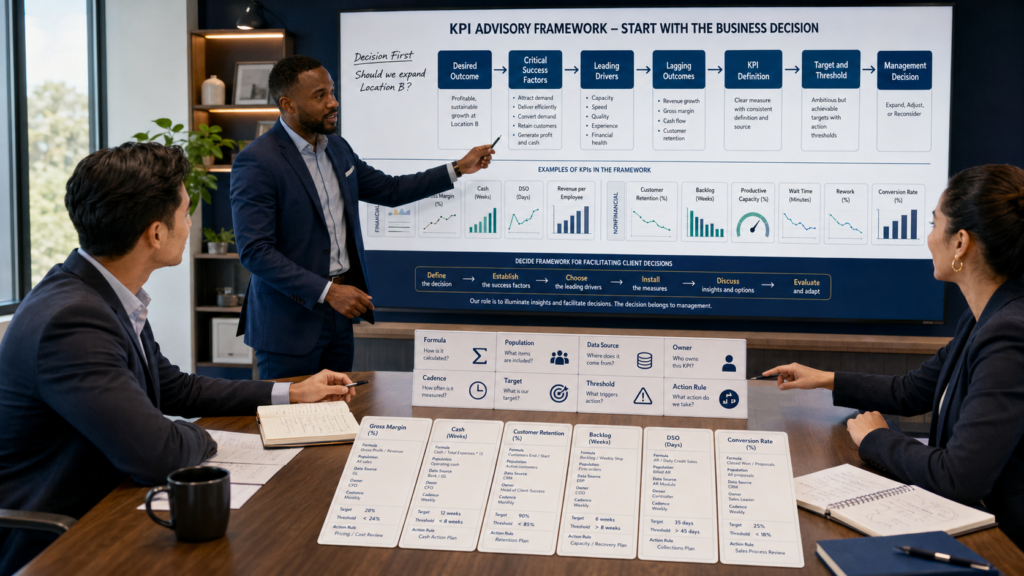 CPA manager training accountants to choose a small set of financial and operational KPIs tied to real client decisions