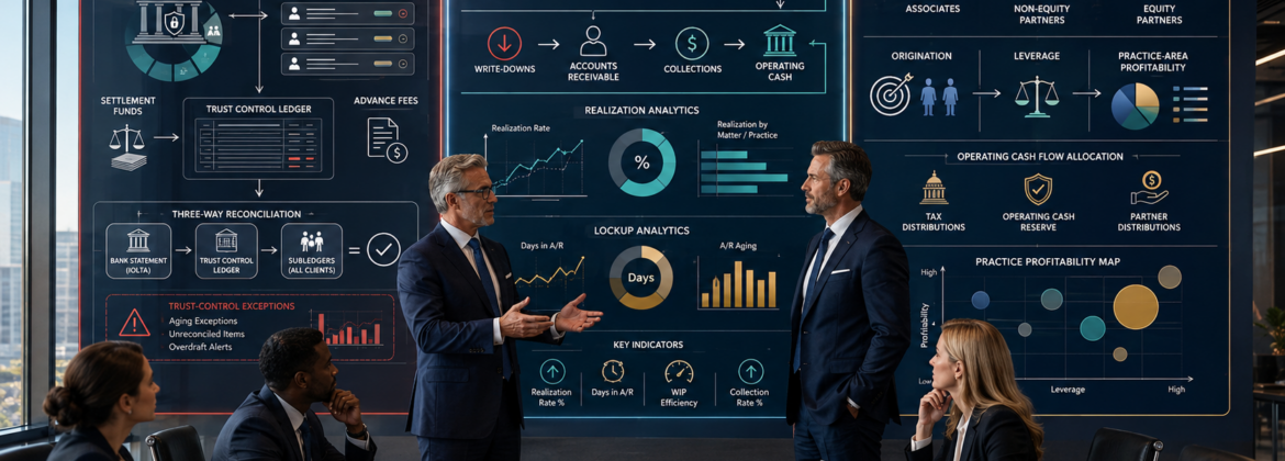 CPA firm staff analyzing client trust accounts, law firm billing, WIP, accounts receivable, collections, partner compensation, leverage, and operating cash flow