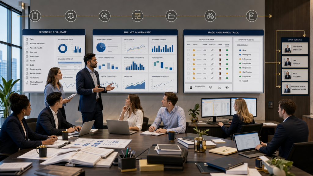 CPA manager training accountants to prepare a business sale through financial cleanup, earnings analysis, data-room preparation, and buyer due diligence