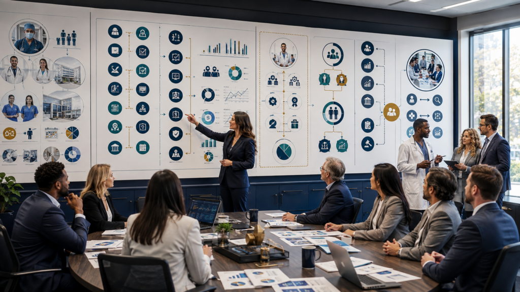 CPA manager training firm staff to connect physician production, payer mix, claims, collections, staffing, compensation, overhead, cash flow, and healthcare compliance