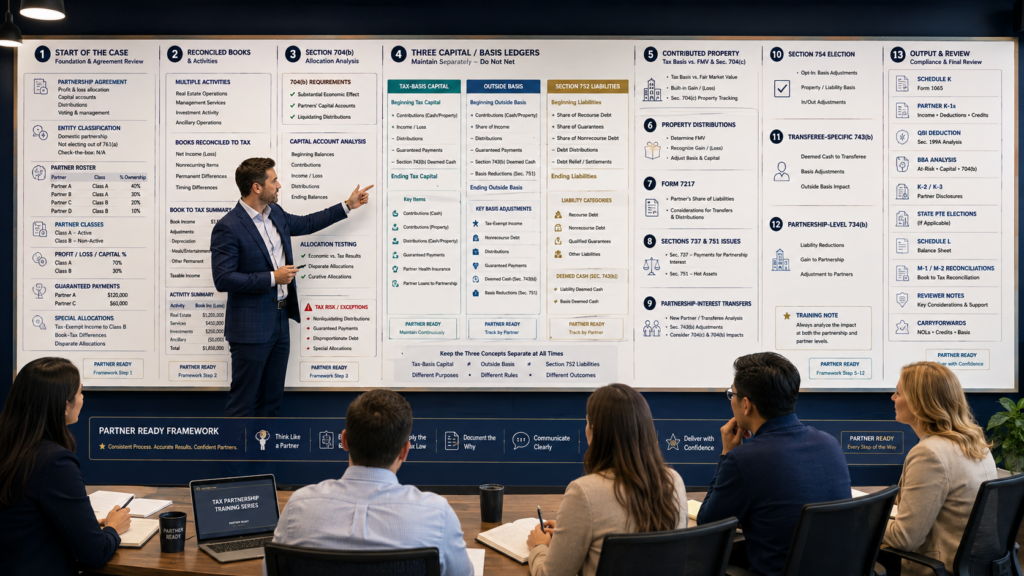 CPA tax manager training staff accountants to prepare review-ready Form 1065 partnership returns using K-1s, tax basis capital, partner basis, liabilities, allocations, distributions, and tax workpapers