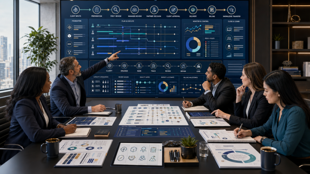 CPA firm managers controlling project scope, deadlines, dependencies, review gates, client inputs, and staffing