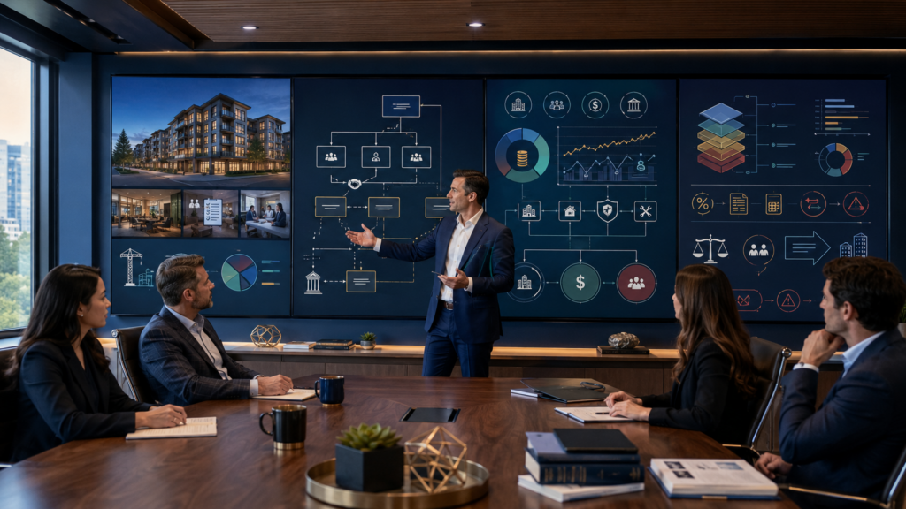 CPA firm staff connecting real estate property operations, ownership entities, leases, debt, cash flow, depreciation, tax basis, and owner decisions