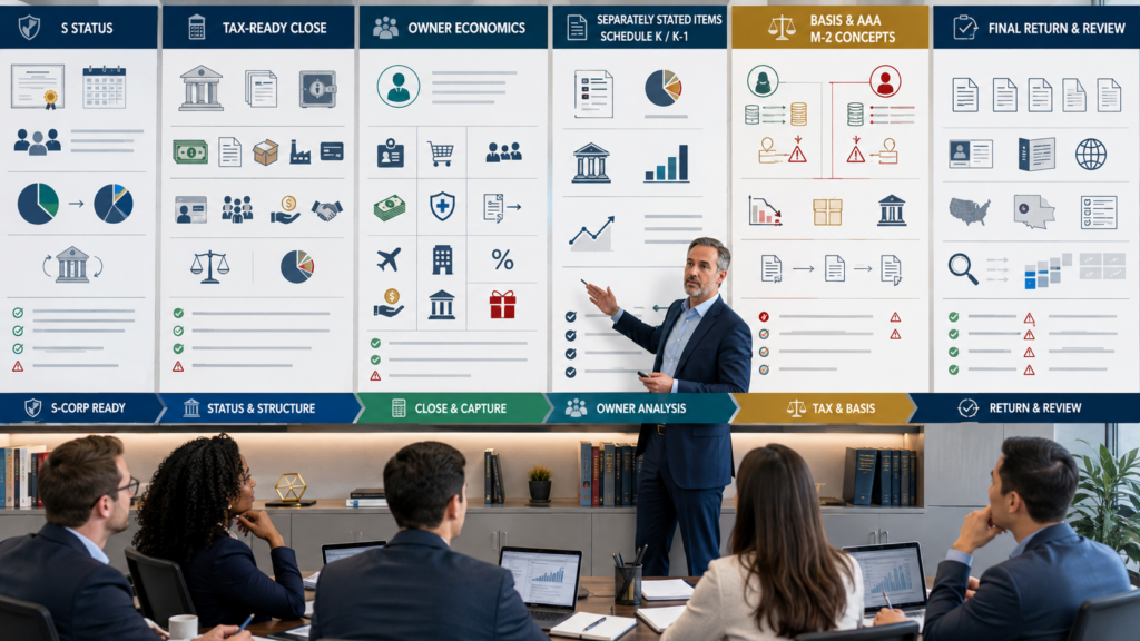CPA tax manager training staff accountants to prepare review-ready Form 1120-S returns using shareholder basis, reasonable compensation, distributions, K-1s, and tax workpapers