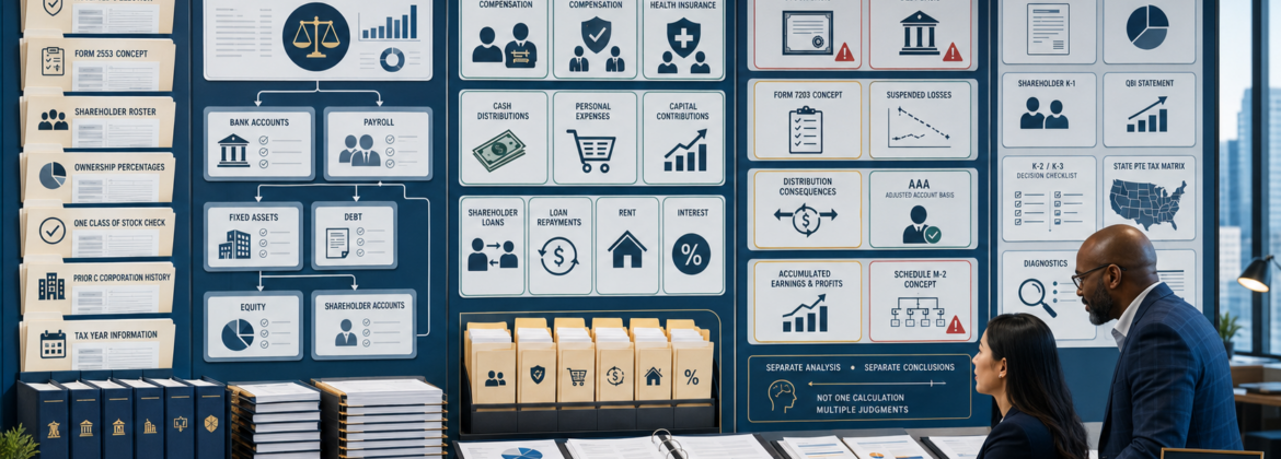 CPA firm staff preparing a review-ready Form 1120-S using S election records, shareholder wages, basis, distributions, K-1s, Schedule M-2, and tax workpapers