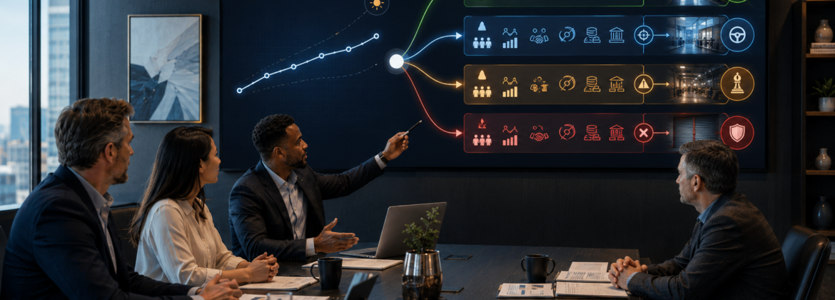 CPA advisory team comparing a single client forecast with multiple scenario paths, financial outcomes, decision thresholds, and contingency actions
