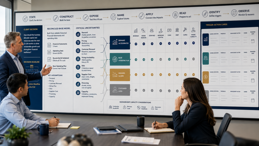 CPA manager training accountants to model base, upside, downside, and stress scenarios before a client commits to a business decision