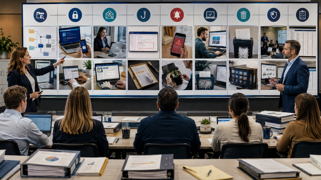 CPA firm manager training tax professionals to apply the firm's written information security plan through secure access, phishing verification, data handling, incident reporting, and client-data controls