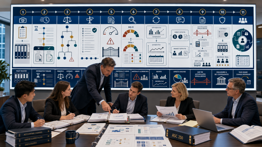CPA manager training staff accountants to distinguish ASC 250 changes in accounting principle, estimates, reporting entity, and prior-period errors and apply retrospective, prospective, or restatement accounting