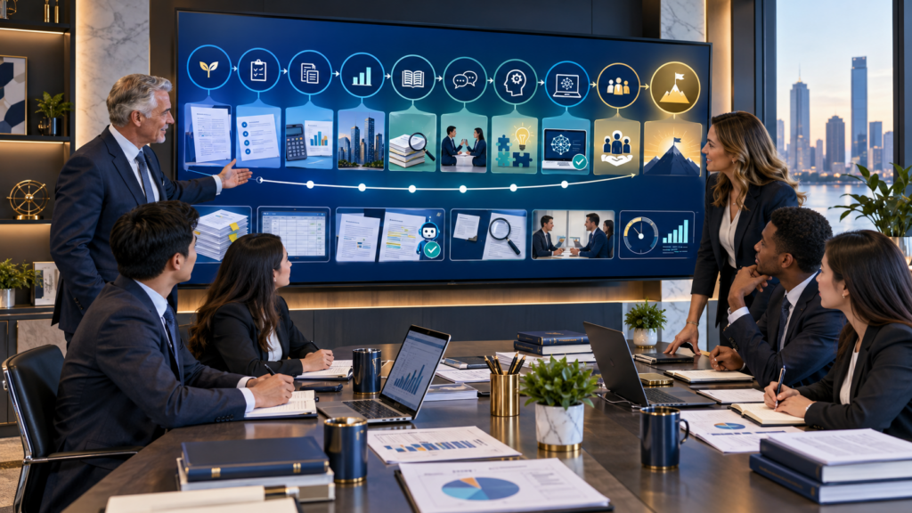 CPA firm leaders and early-career accountants reviewing a profession-ready workforce development framework that combines technical accounting, business context, research, communication, judgment, technology, professionalism, AI oversight, and initiative